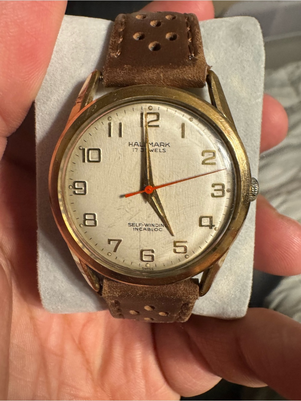 Vintage Hallmark Gold Tone Automatic Watch with Brown Leather Strap